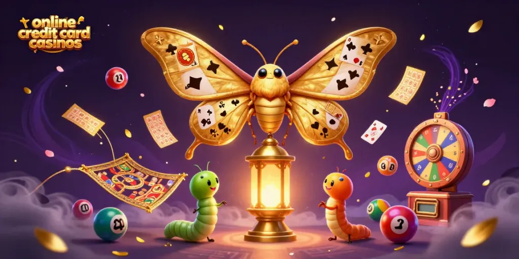 Experience online credit card casinos with majestic golden moths and dynamic gaming elements.