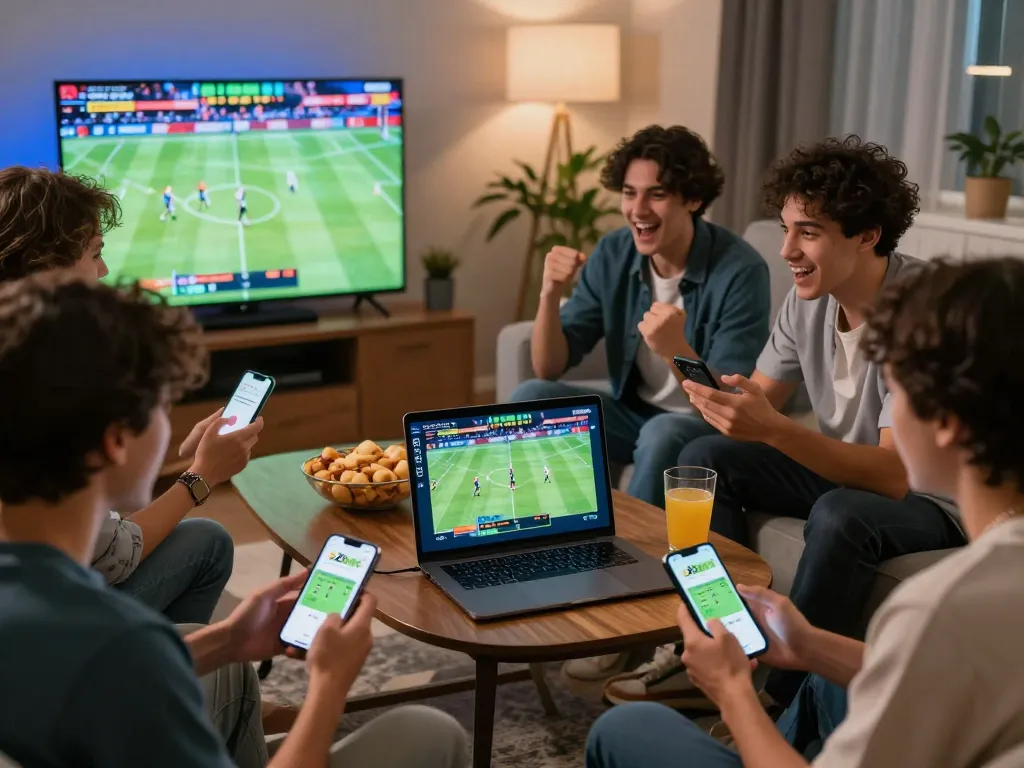 Friends using the zbet platform in an exciting sports betting scene at home.