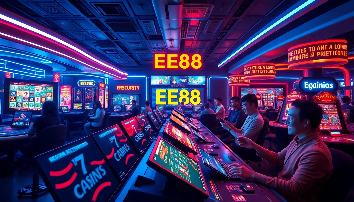 EE88 online gambling platform showcasing vibrant games and user engagement in a futuristic casino setting.