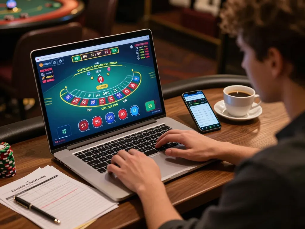 Terlibat dalam permainan kasino online dengan kiu77, fokus pada permainan blackjack langsung di laptop.