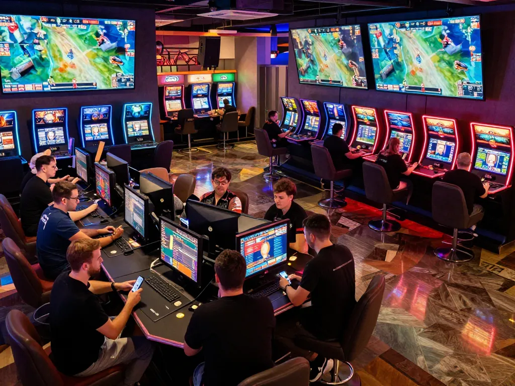 tr88 nhà cái offers a vibrant esports betting lounge filled with excited players making wagers.