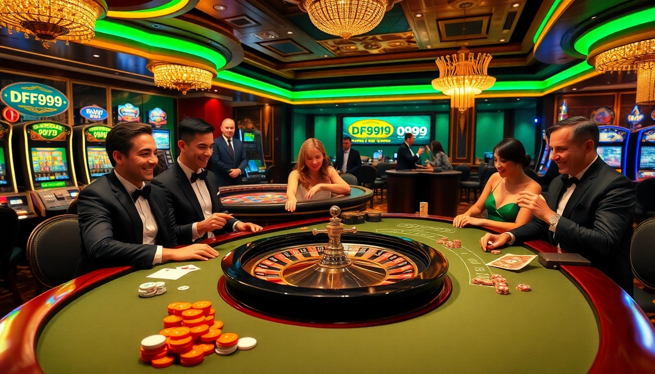 Players engaging at a DF999 casino table, showcasing excitement and vibrant gameplay.