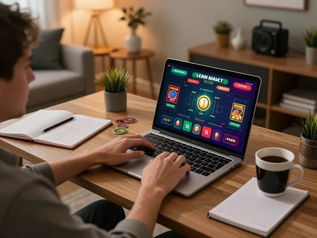 Orang menikmati pengalaman permainan online dengan vt789 di laptop, menampilkan aksi kasino langsung yang berwarna-warni