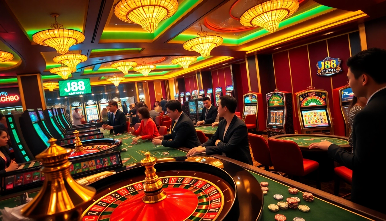 Players enjoying a dynamic game at J88, surrounded by roulette wheels and vibrant casino decor.