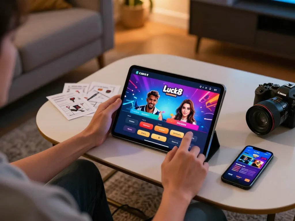 Engaging with the Luck8 trang chủ casino interface on a tablet in a cozy home setup, combining entertainment with responsible gaming.
