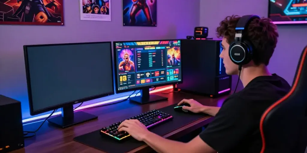 Gamer immersed in loket88 slot game with vibrant desktop setup and RGB lighting.