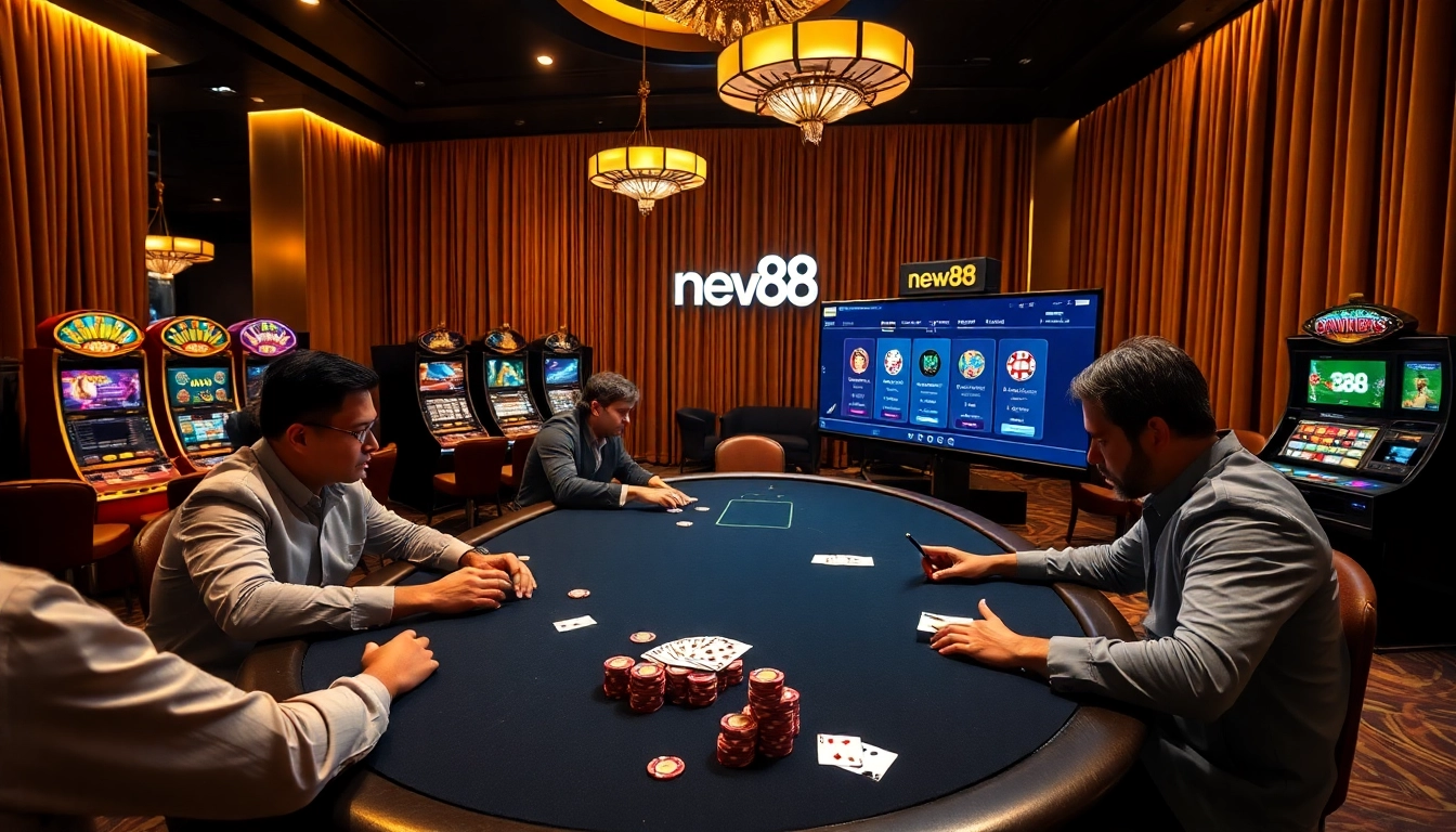new88 players strategizing at a luxurious poker table in an upscale casino atmosphere