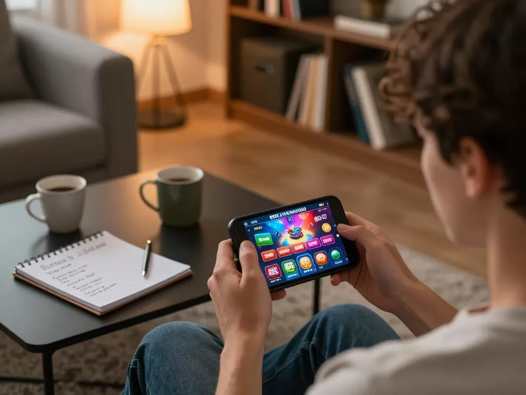 Orang berinteraksi dengan aplikasi 88id di smartphone sambil bersantai di rumah, menampilkan permainan online modern.