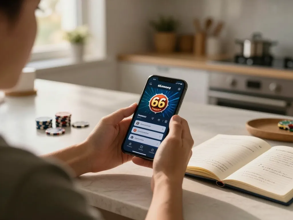 Pemain berinteraksi dengan aplikasi 66menang di smartphone mereka selama sesi permainan strategis di rumah.