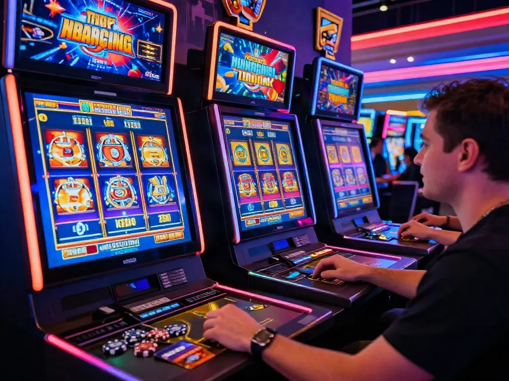 Player enjoying games at credit card casinos with vibrant graphics and chips on the desk.