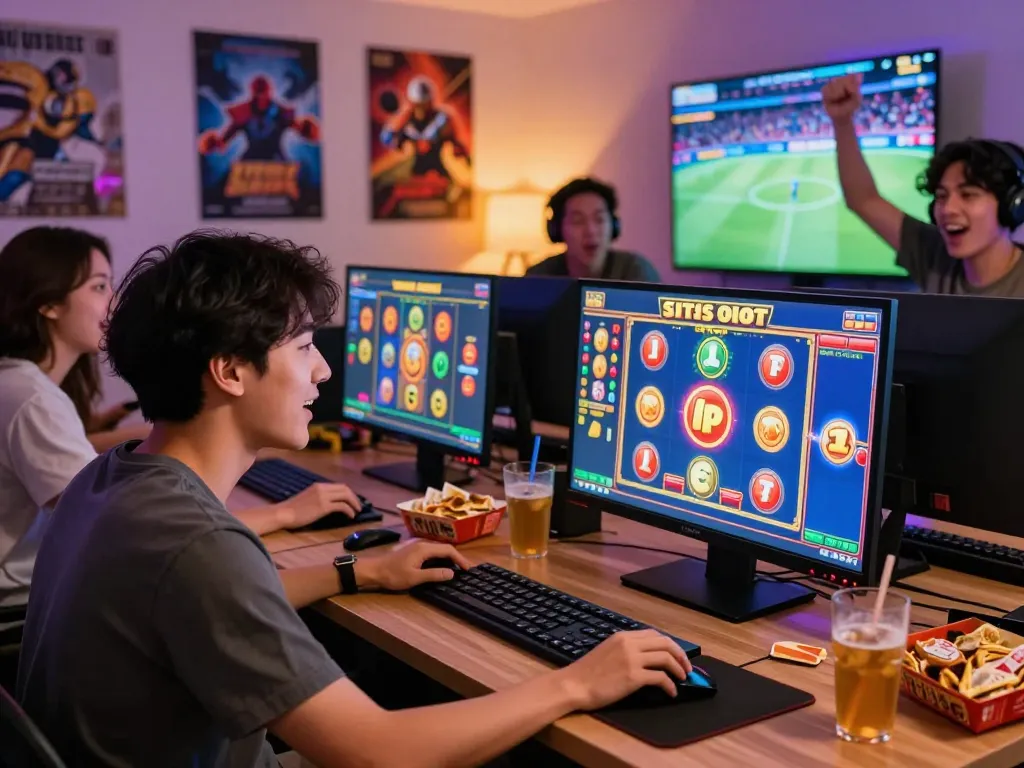 Teman-teman yang menggembirakan bermain game situs slot online dengan grafik yang berwarna-warni.