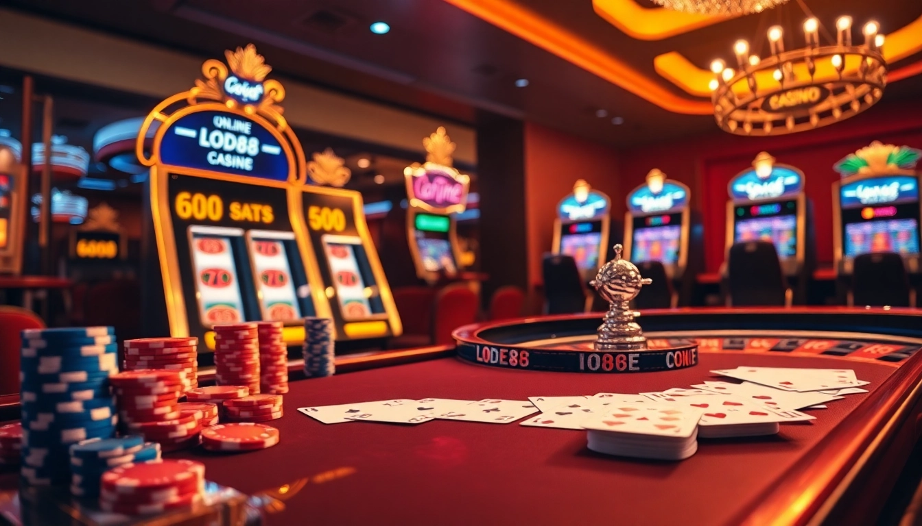 Experience thrilling gameplay at nhà cái lode88 with vibrant casino elements like poker chips, roulette wheels, and slot machines.