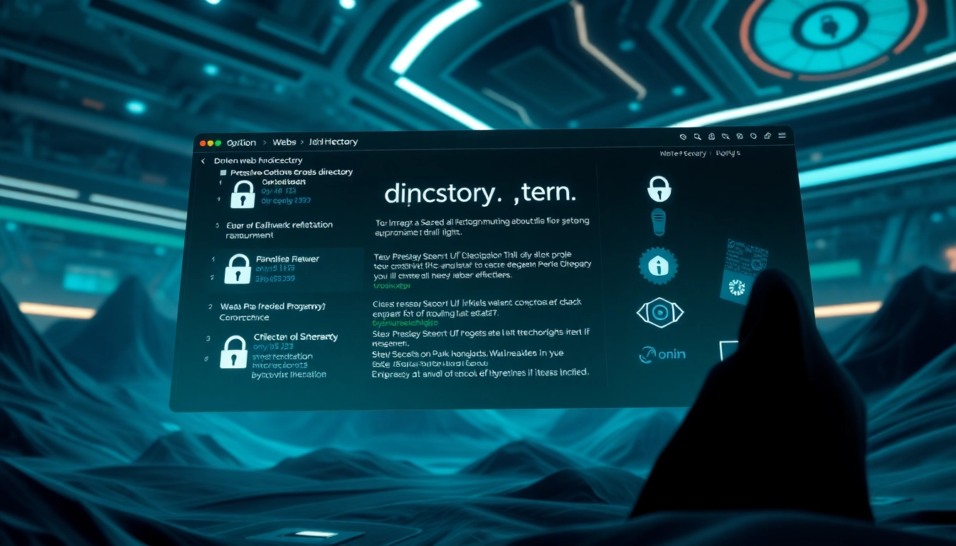 The hidden wiki interface with .onion links, showcasing dark web security symbols and digital privacy tools.