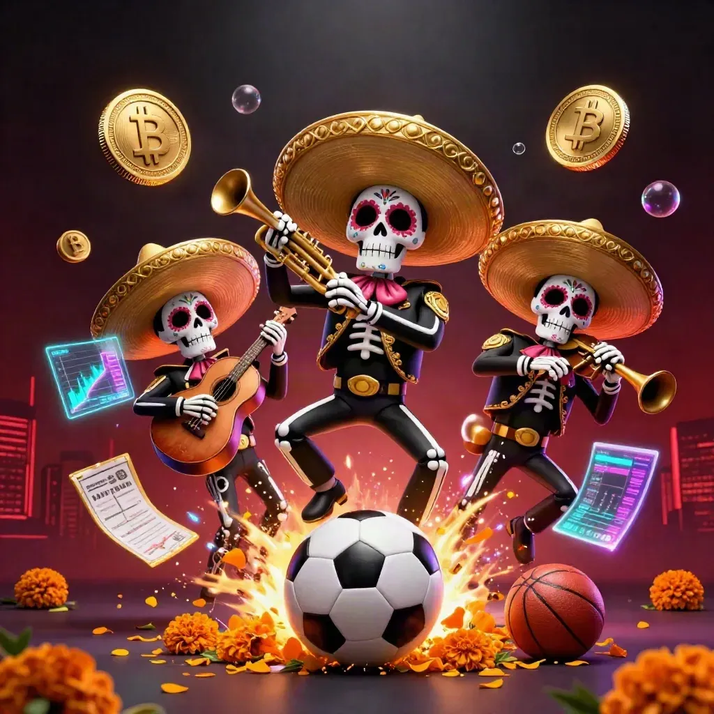 Skeleton mariachi trio amid flying crypto coins, soccer ball, petals, and neon casino effects.