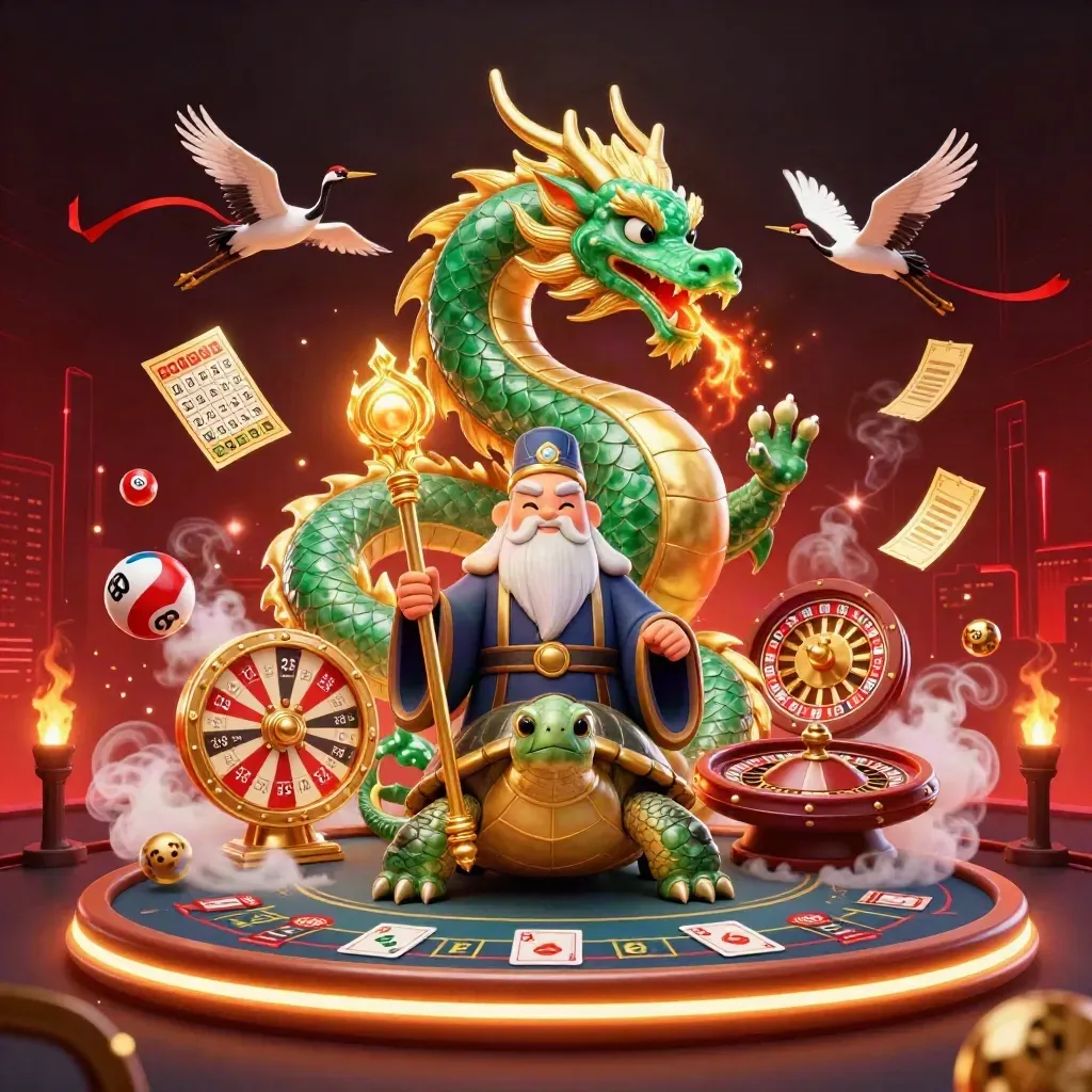 Emerald dragon, turtle sage, and cranes amid casino magic, fire, wheels, cards, and glowing embers.