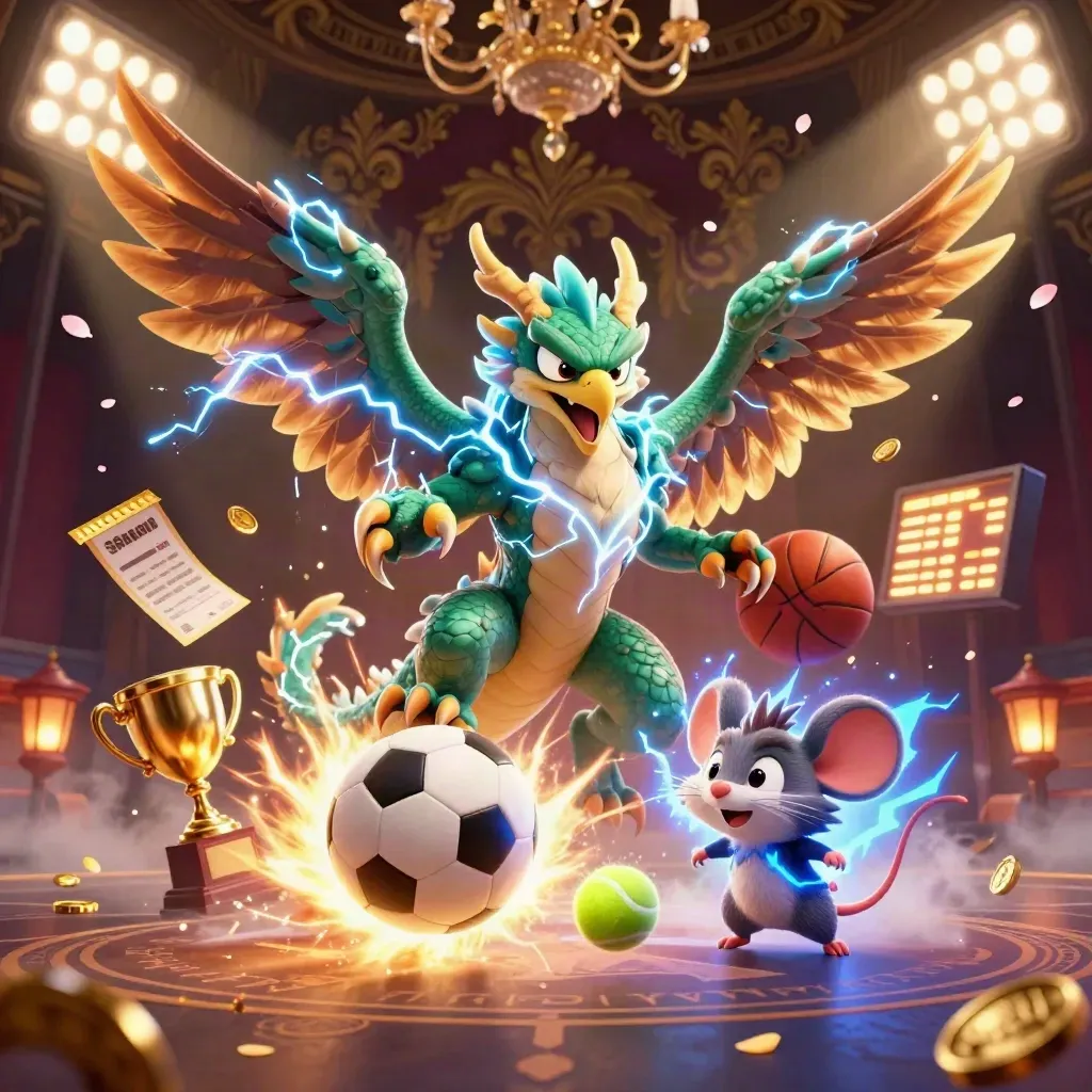 Thunder dragon, wind hawk, and static mouse amid flying balls, coins, and stadium lights.