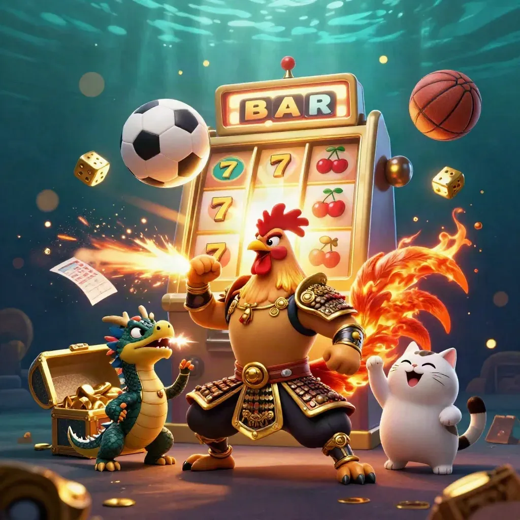 Rooster warrior, dragon hatchling and fortune-cat amid casino burst, flying sports balls and gold.