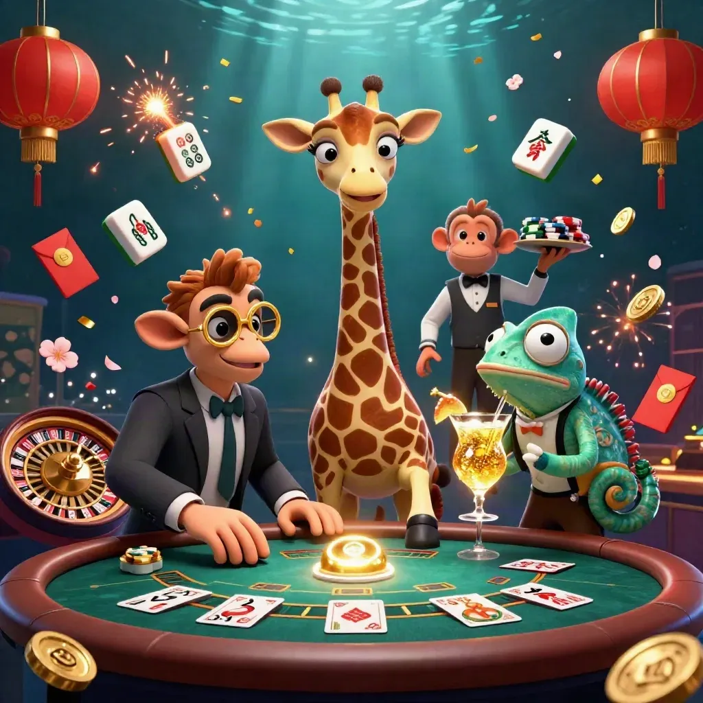 Luxury casino giraffe, monkey valet, and chameleon bartender amid gold, lanterns, and neon energy.