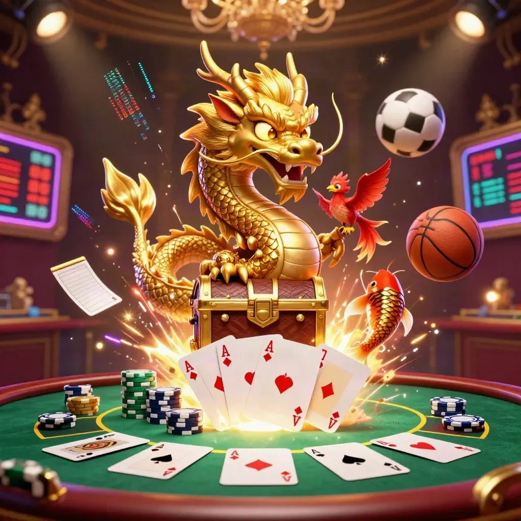 Golden dragon, phoenix, koi and casino chips burst with sports balls in a luxe neon casino scene.