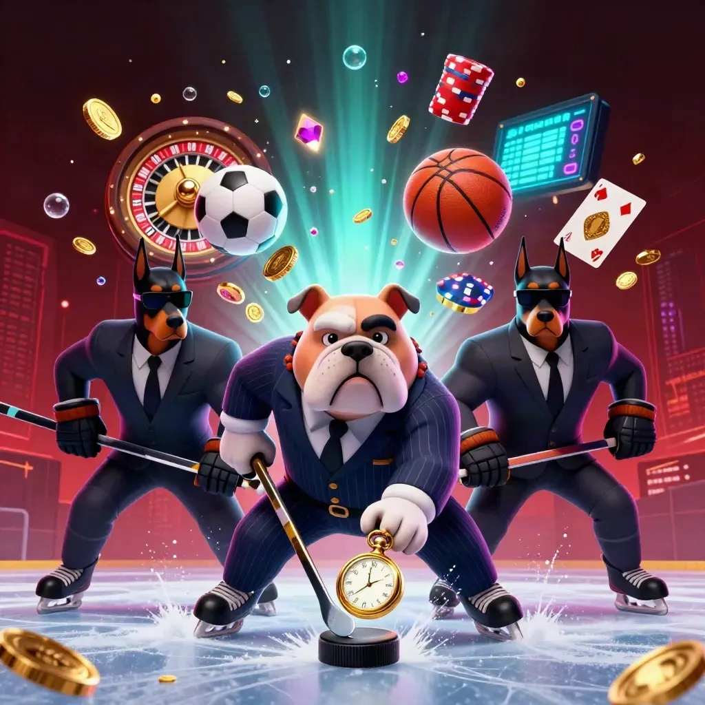 Bulldog boss and Dobermans amid hockey chaos, coins, chips, roulette, and neon casino light