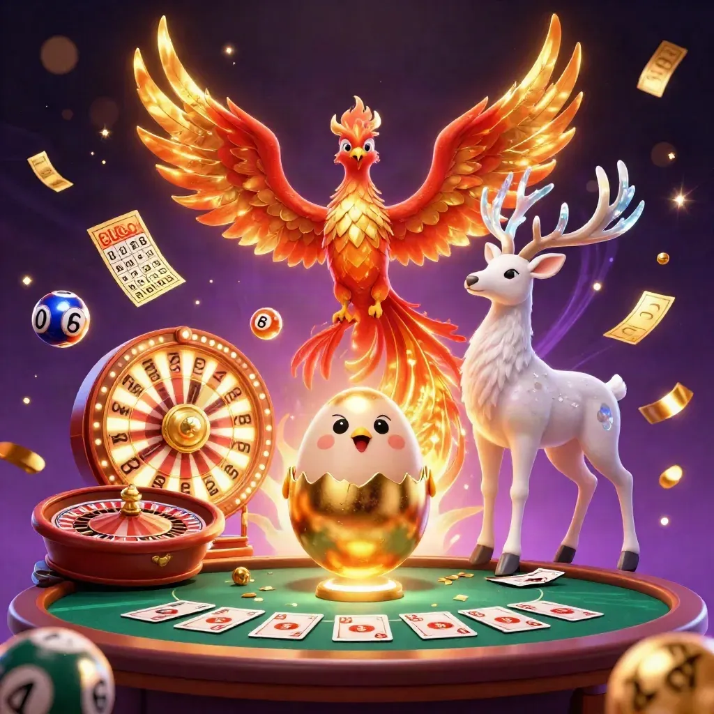 Phoenix trio amid casino gold, floating lottery balls, roulette and glowing cards.