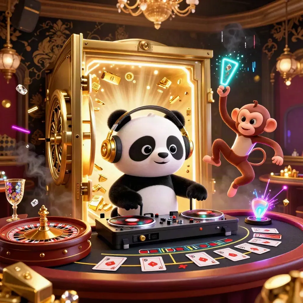 DJ panda, monkey, and glow-stick kitten in a luxe casino lounge with vault light and gold