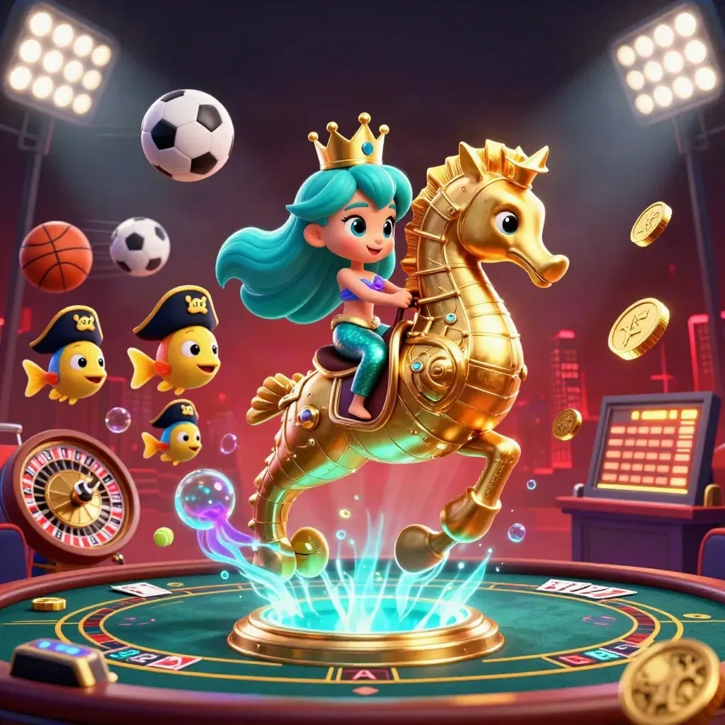 Mermaid princess on a golden seahorse amid casino lights, coins, bubbles, and neon beams