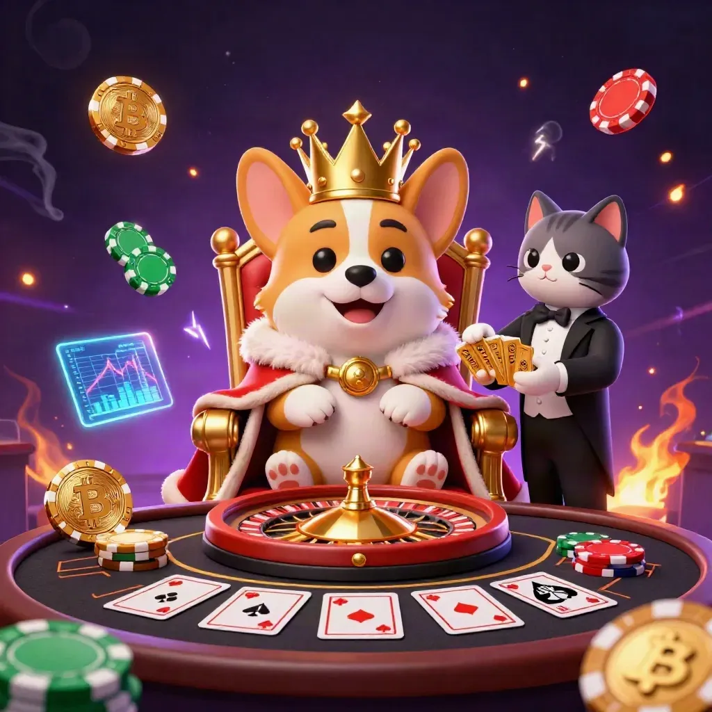 Crowned corgi and cat butler amid roulette, crypto coins, neon charts, and purple casino magic.