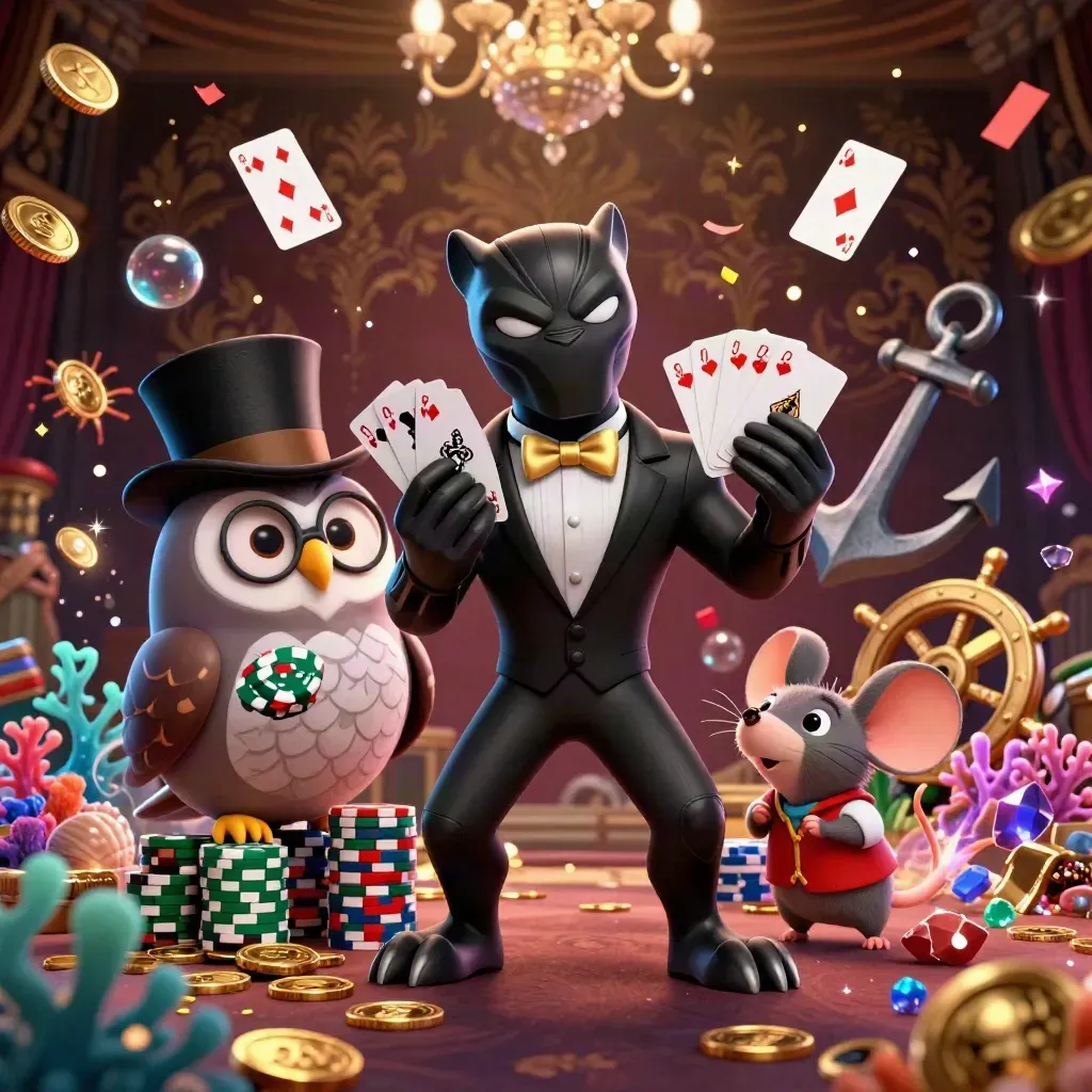Panther, owl, and mouse amid treasure, glowing coral, coins, and casino magic in luxe dark gold light