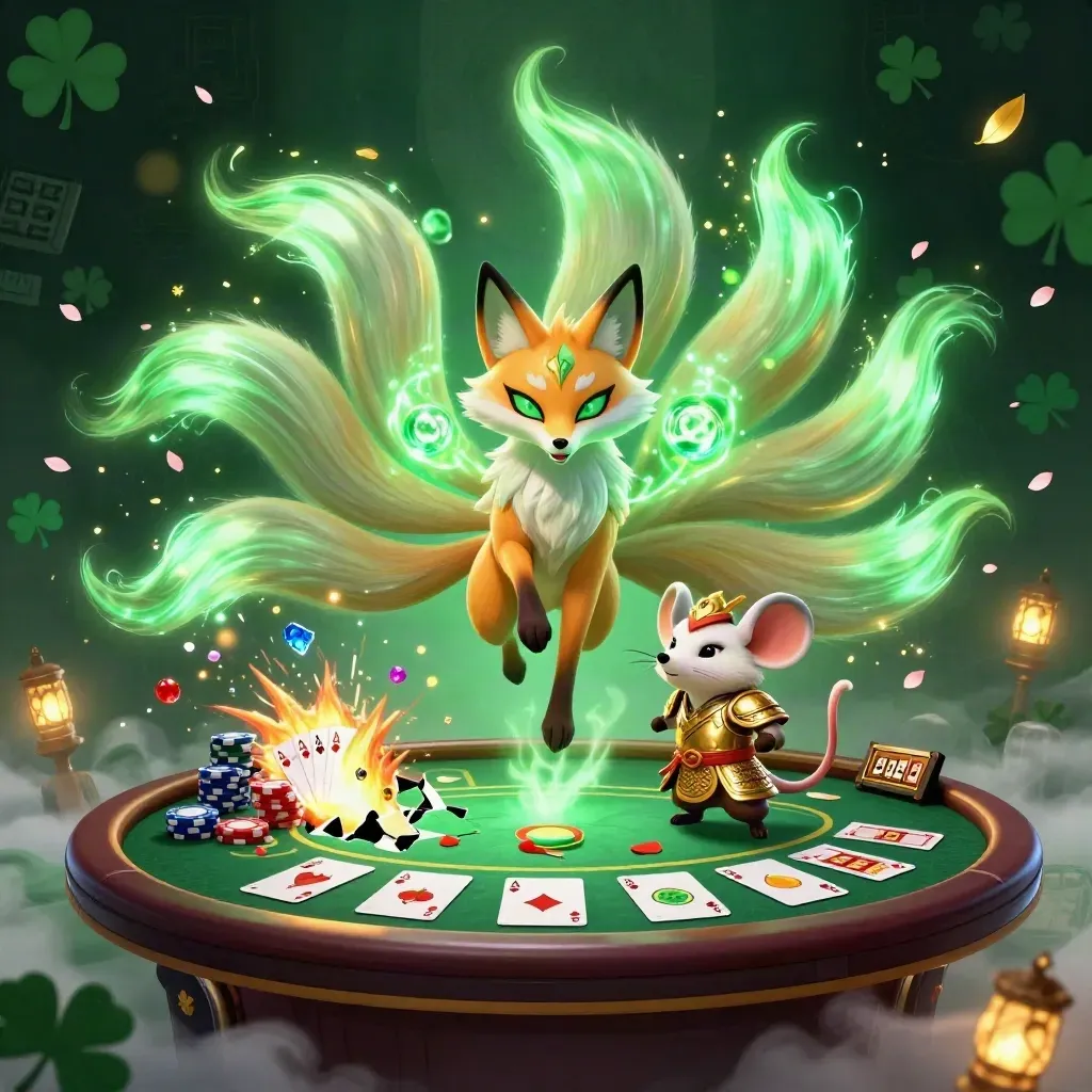 Nine-tailed fox spirit and gold-armoured mouse amid casino cards, chips, and emerald magic.