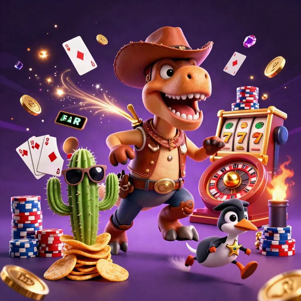 Cowboy T-Rex, cactus sidekick, and roadrunner amid casino treasure blasts and neon effects.