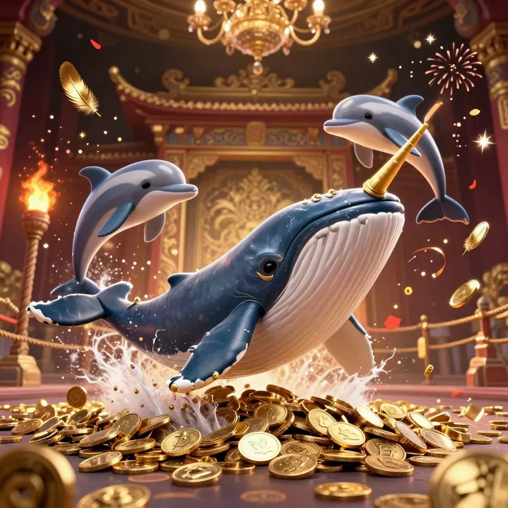 Whale captain, narwhal, and dolphins burst through coins in a luxury casino fantasy scene.
