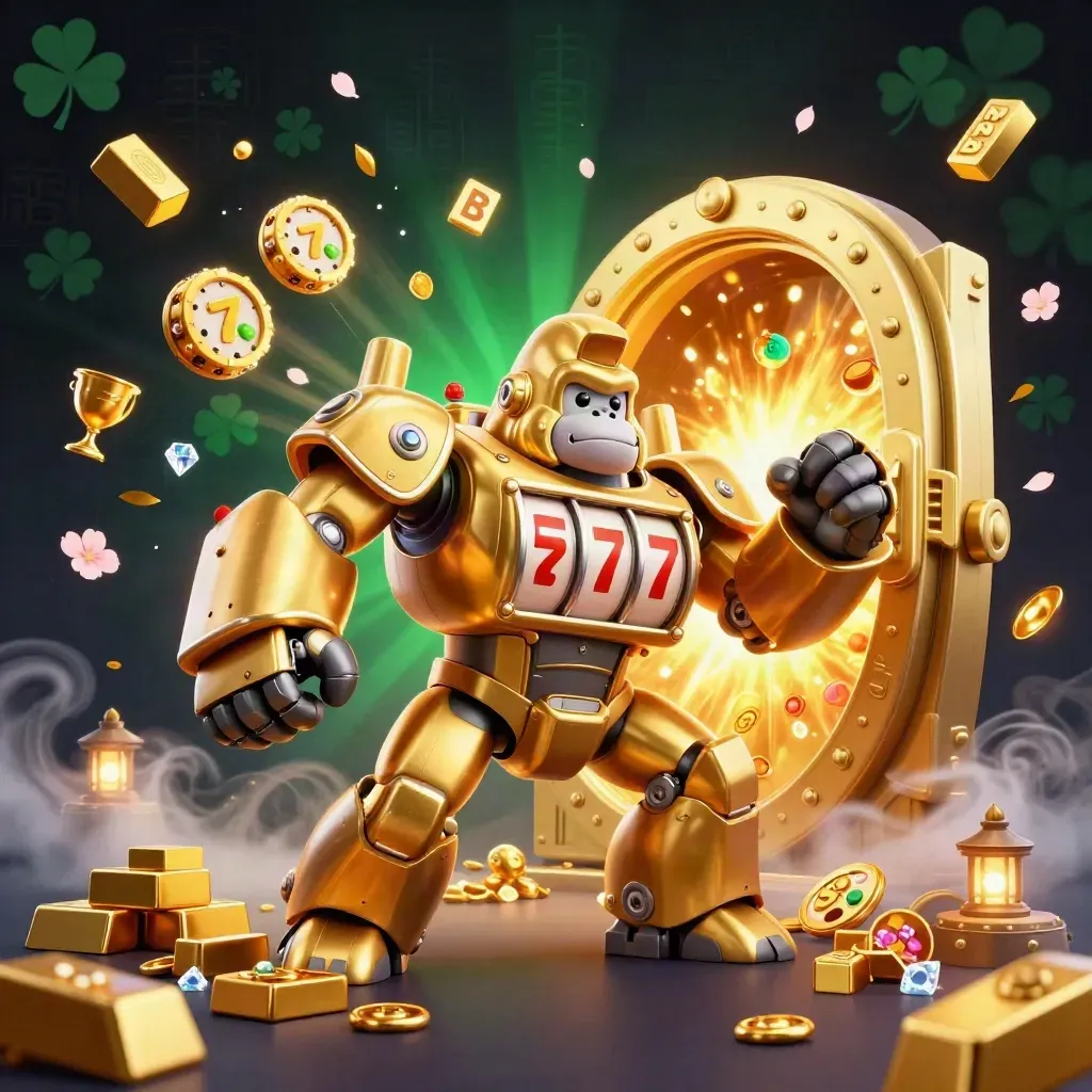 Golden gorilla mech with monkey pilot bursting treasure from an open vault, slot icons flying, emerald glow