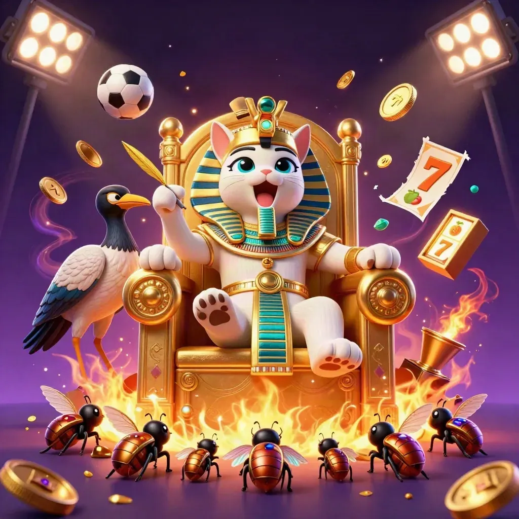 Pharaoh cat on a gold throne with ibis scribe, gem-wing scarabs, treasure and casino effects.
