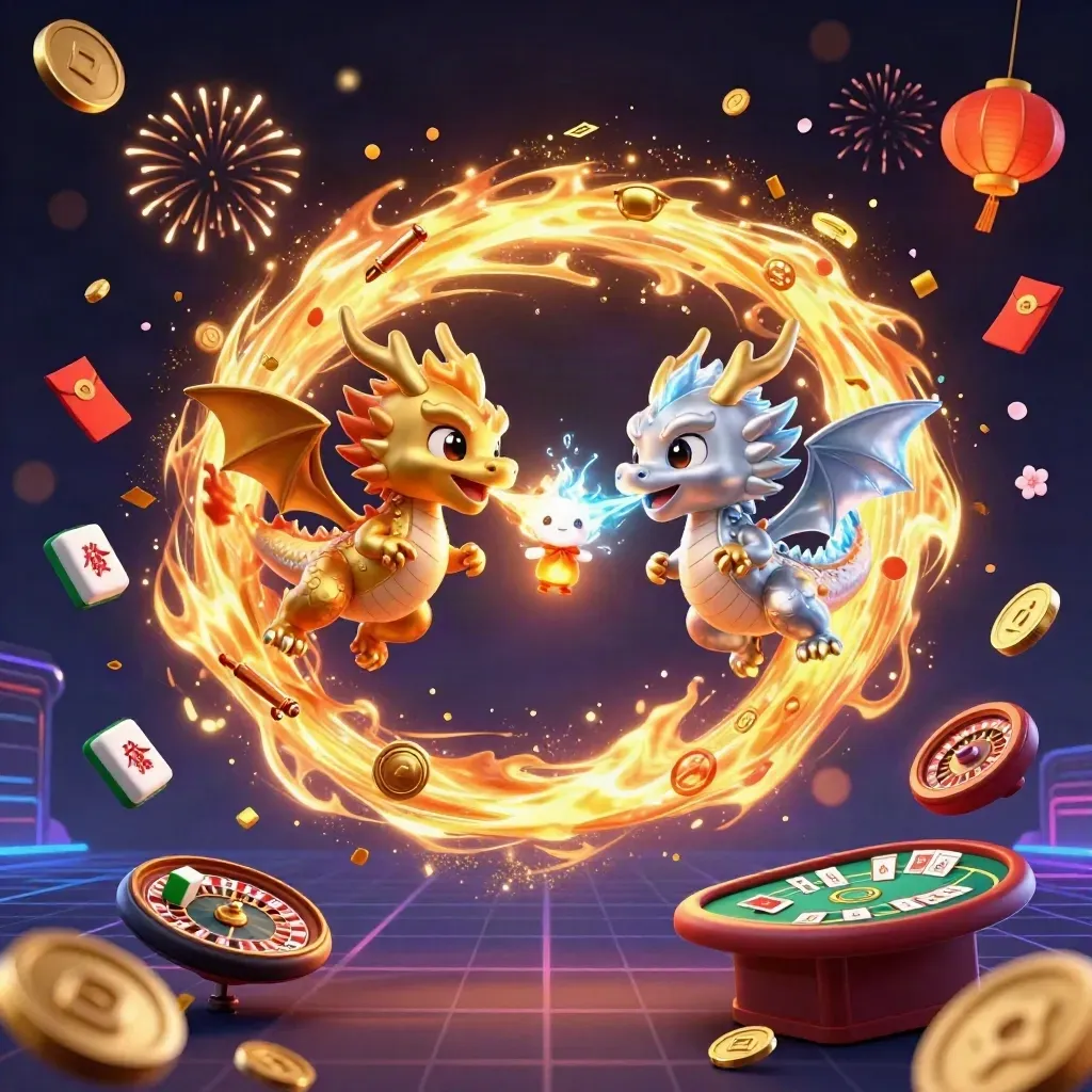 Twin gold and silver dragons spiral with treasure, coins, fireworks, and casino props in a neon dark scene.
