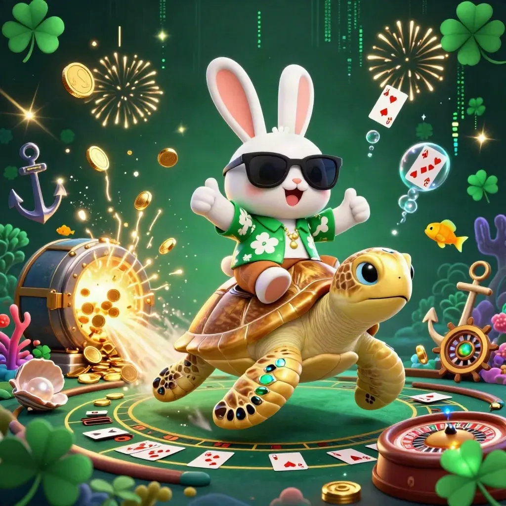 Lucky rabbit rides a golden sea turtle through coins, coral, and fireworks in a casino treasure cove.