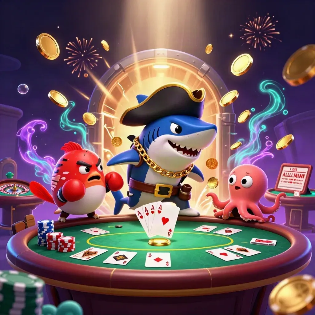 Shark captain, pufferfish and octopus amid bursting coins, cards and neon casino glow.