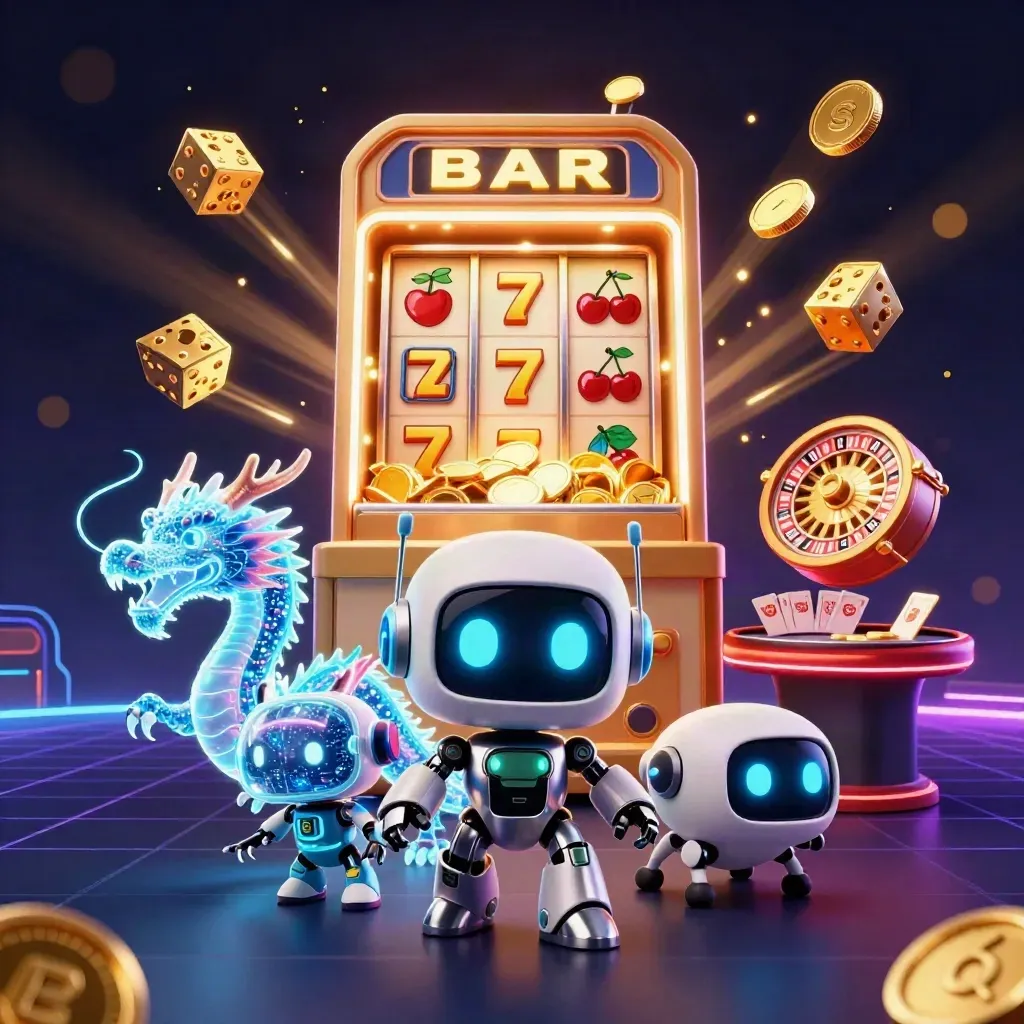 Cyberpunk robot, holographic dragon, and coin drone amid exploding jackpot symbols and gold coins