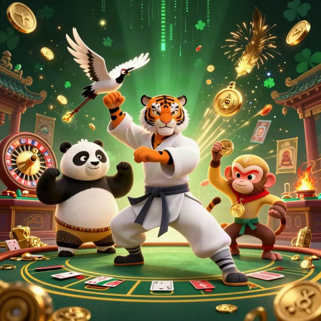 Tiger master, panda disciple, and monkey student amid coins, fireworks, and casino lights