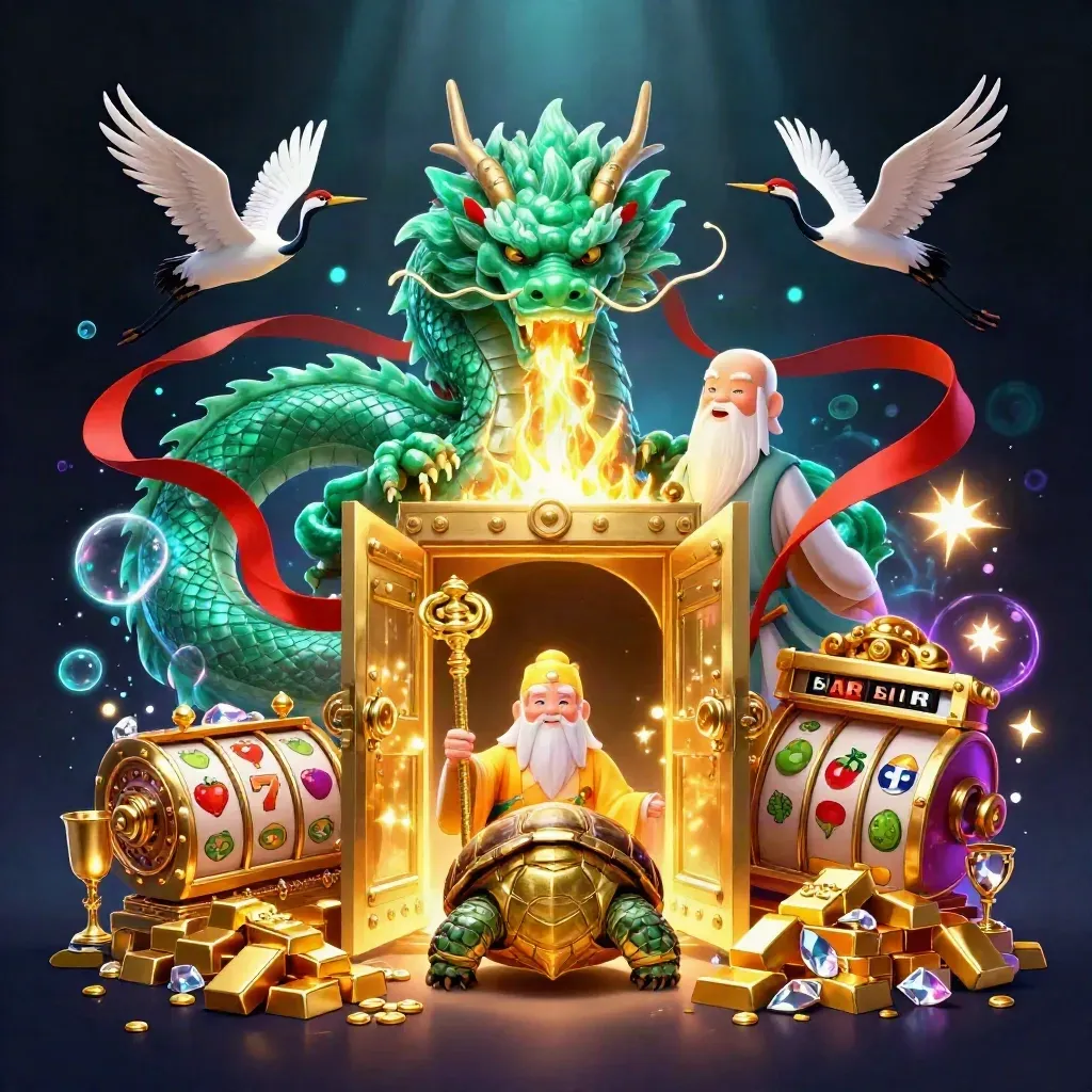 Emerald dragon, turtle sage, and cranes amid gold, reels, gems, and glowing vault light.