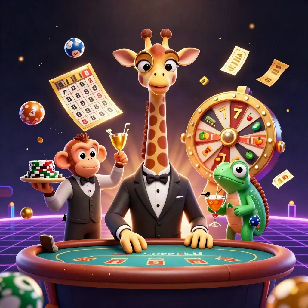 Giraffe, monkey, and chameleon casino heroes amid spinning slots and gold confetti