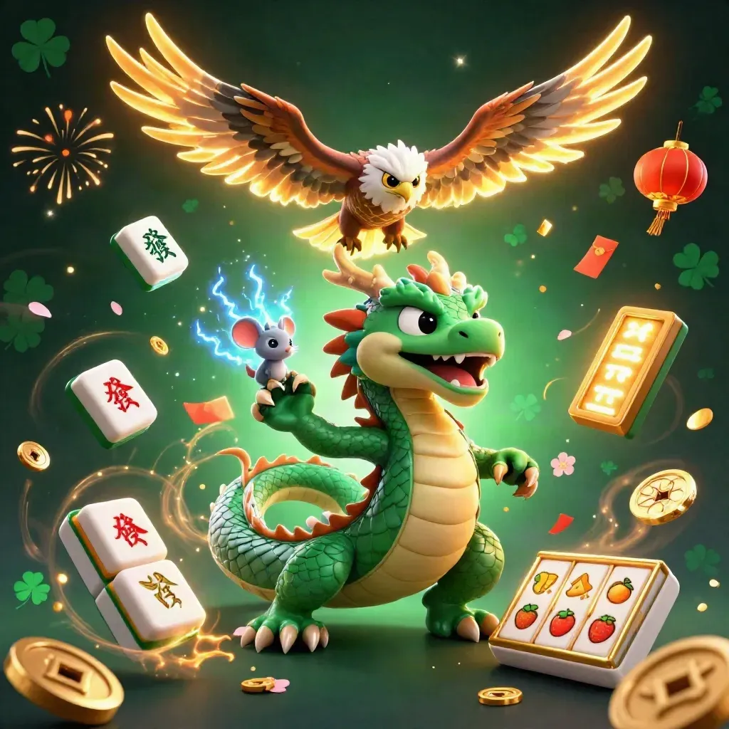 Thunder dragon, hawk, and mouse amid casino symbols on a dark emerald luxury background.