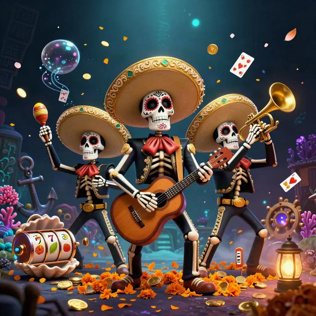 Skeleton mariachi trio amid coins, coral, cards, and glowing casino symbols in a dark luxe cove.