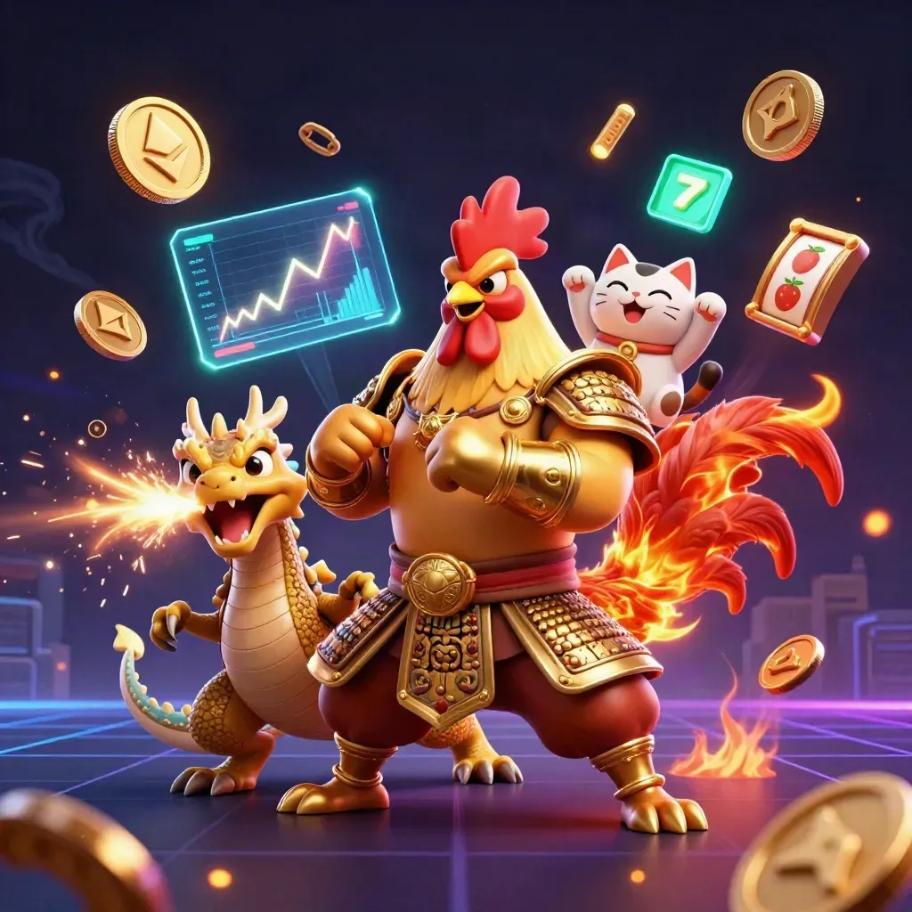 Rooster samurai, spark-breathing hatchling and cheering fortune cat amid coins, reels and lightning.