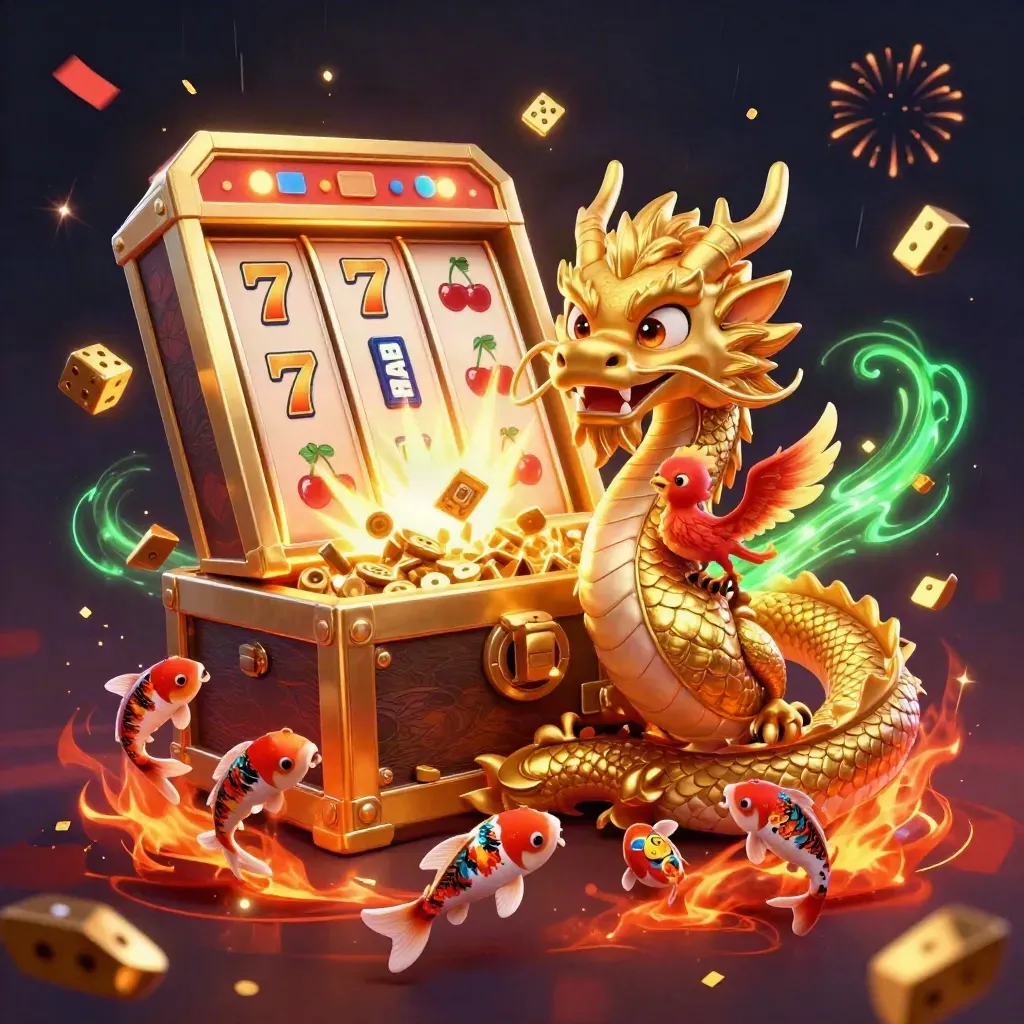 Golden dragon, phoenix, koi, and slot machine burst with casino treasure and ember glow