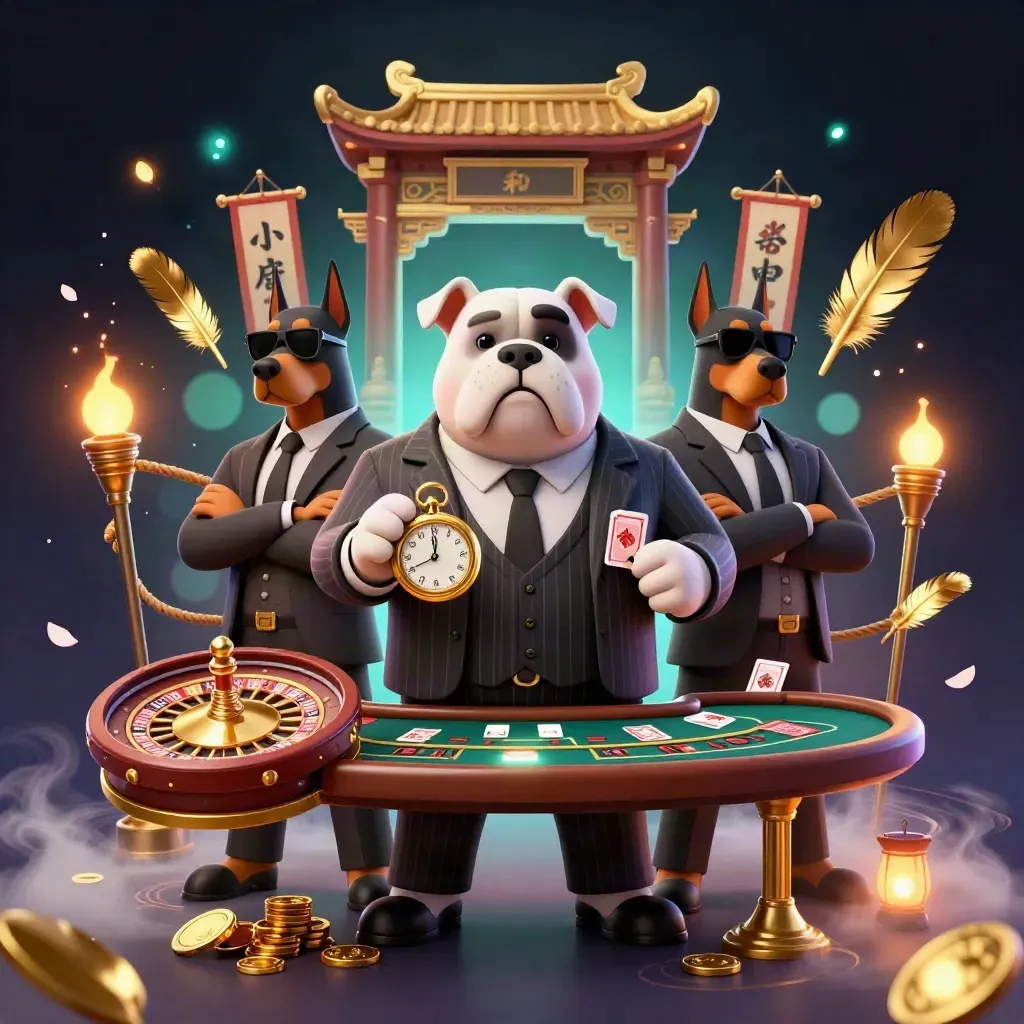 Bulldog mob boss with two Dobermans amid casino artifacts, coins, runes and neon glow.