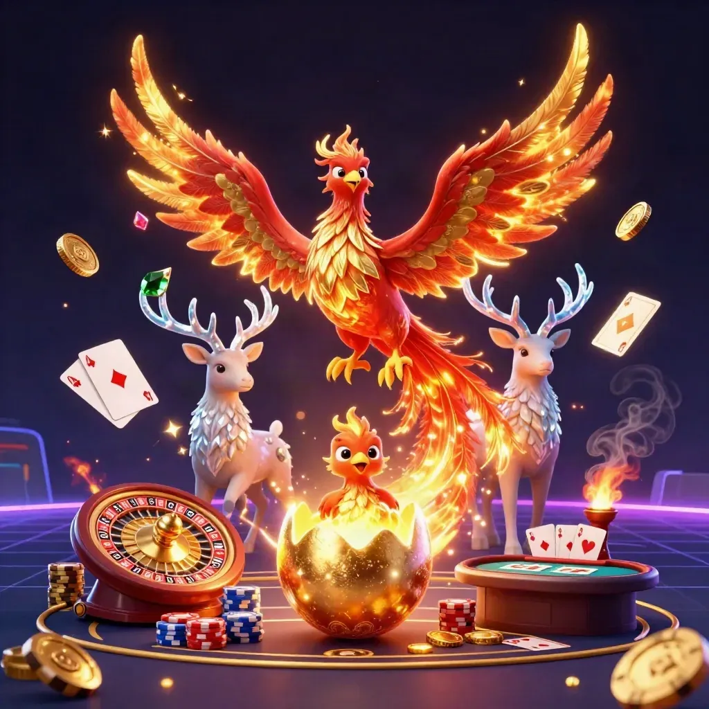 Phoenix, baby phoenix, and crystal stag amid coins, cards, chips, and roulette glow.