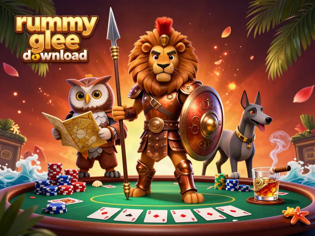 Unduh rummy glee dengan ilustrasi 3D karakter kartun yang dinamis dan elemen kasino yang menarik.