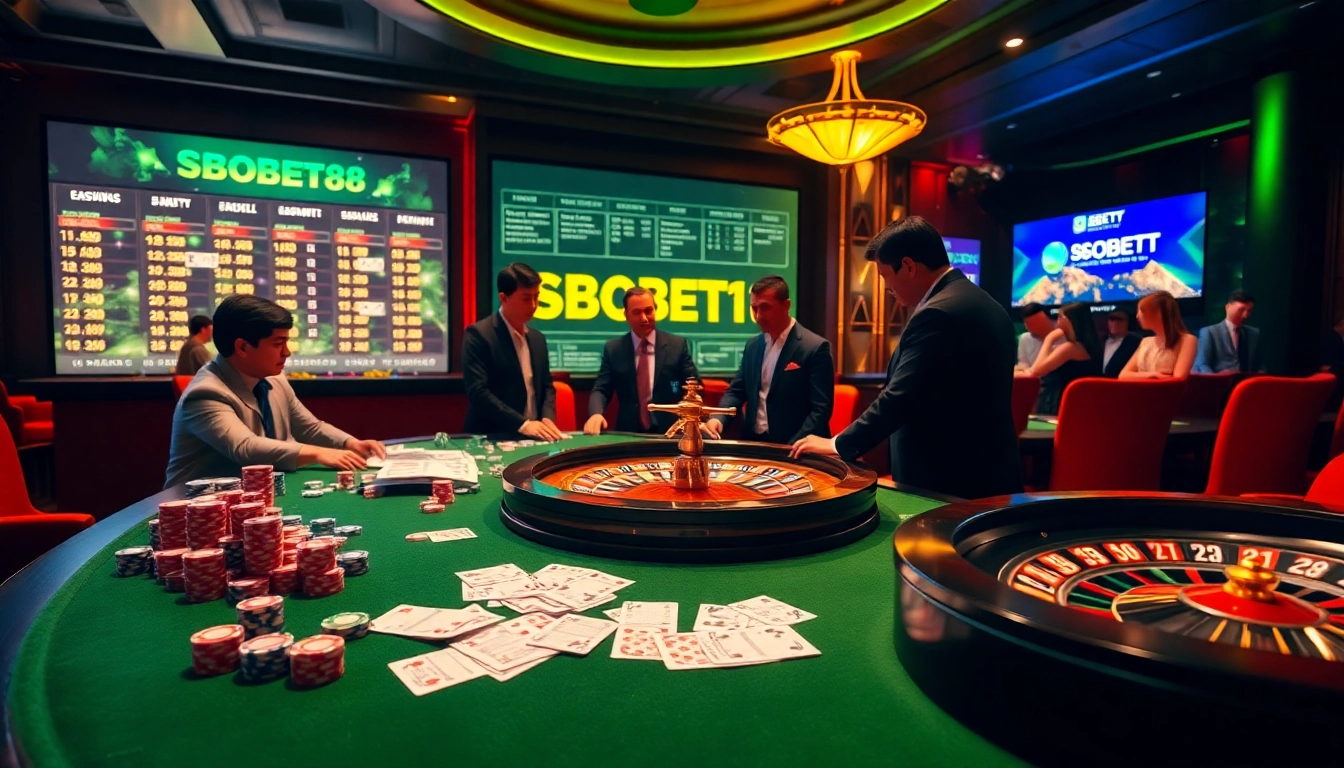 SBOBET88 players enjoy online betting at a vibrant casino table filled with poker chips and cards.
