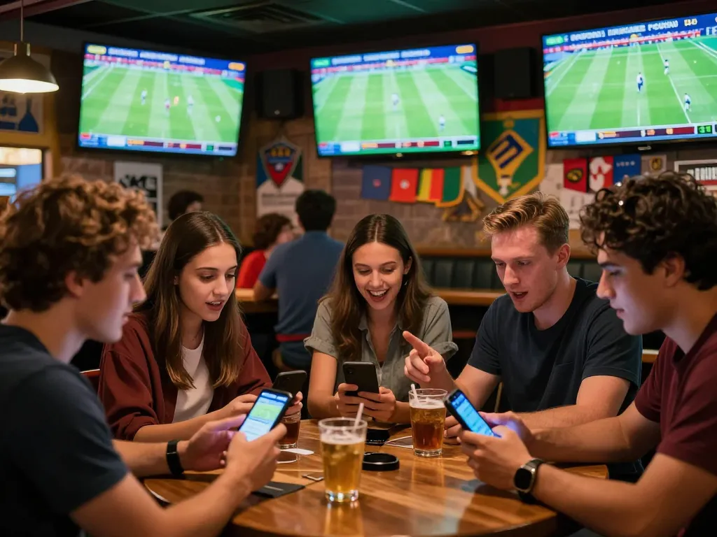 Soi Kèo action at a lively sports bar with fans discussing bets on football matches.